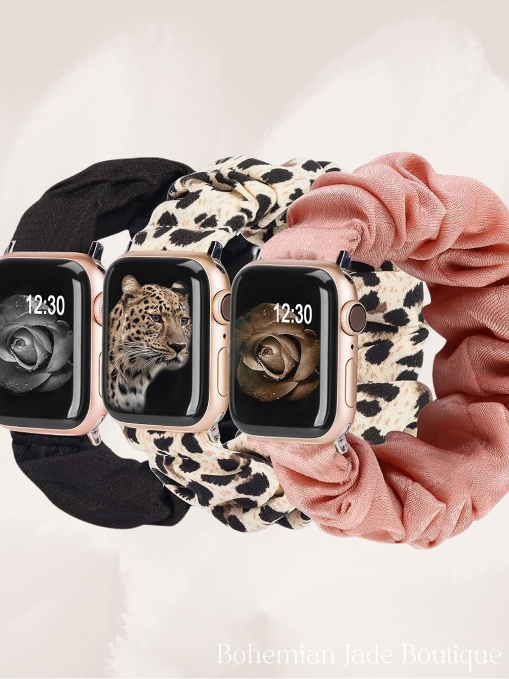 TOYOUTHS Scrunchie Apple Watch Bands Set of 3 Black Leopard Pink Small
